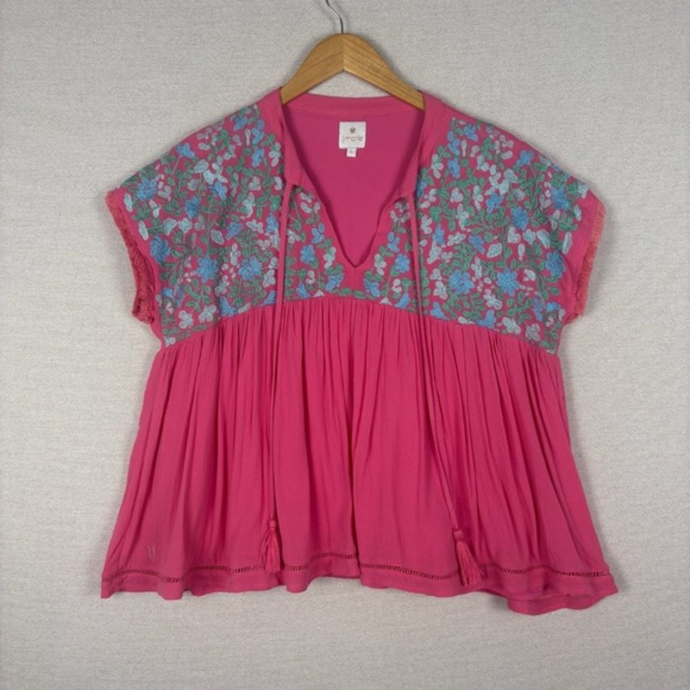 J Marie Blouse Womens L Pink Swing Top Floral Embroidery Tassel‎ Boho Peasant